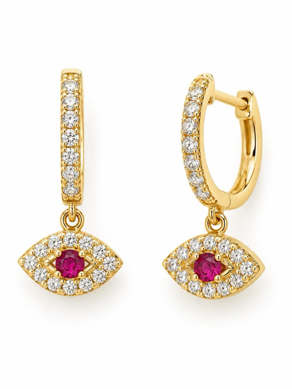 18K Solid Real Yellow Gold Natural Ruby And Natural Diamond Huggies 18mm